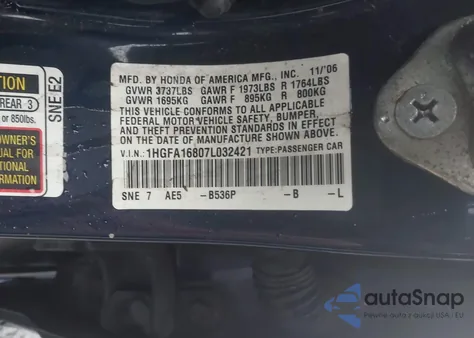2007 Honda Civic Ex z USA, uszkodzony, nr VIN 1HGFA16807L032421